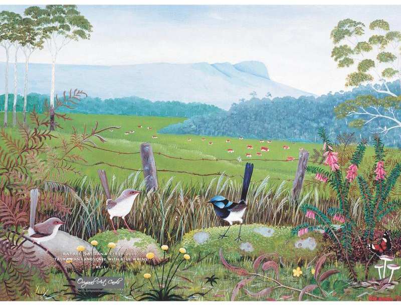 Card Tasmanian Landscape and Blue Wrens